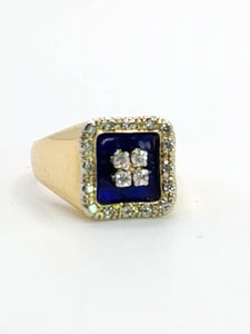 1620: Vintage; 18ct Gold Blue Enamel Diamonds Art Deco Style Signet Ring- Heavy, sparkling statement piece.