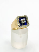 Load image into Gallery viewer, 1620: Vintage; 18ct Gold Blue Enamel Diamonds Art Deco Style Signet Ring- Heavy, sparkling statement piece.
