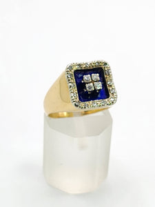 1620: Vintage; 18ct Gold Blue Enamel Diamonds Art Deco Style Signet Ring- Heavy, sparkling statement piece.