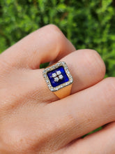 Load image into Gallery viewer, 1620: Vintage; 18ct Gold Blue Enamel Diamonds Art Deco Style Signet Ring- Heavy, sparkling statement piece.
