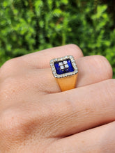 Load image into Gallery viewer, 1620: Vintage; 18ct Gold Blue Enamel Diamonds Art Deco Style Signet Ring- Heavy, sparkling statement piece.
