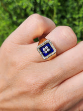Load image into Gallery viewer, 1620: Vintage; 18ct Gold Blue Enamel Diamonds Art Deco Style Signet Ring- Heavy, sparkling statement piece.
