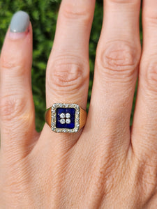 1620: Vintage; 18ct Gold Blue Enamel Diamonds Art Deco Style Signet Ring- Heavy, sparkling statement piece.