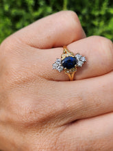 Cargar imagen en el visor de la galería, 1450: Vintage Old: 18ct Gold French Blue Sapphire 16 Diamonds Marquise Set Ring- Ooh La La!
