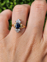 Cargar imagen en el visor de la galería, 1450: Vintage Old: 18ct Gold French Blue Sapphire 16 Diamonds Marquise Set Ring- Ooh La La!
