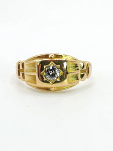 0836: Vintage: 18ct Gold Signet Modern Brilliant Cut Diamond Solitaire Ring- Natural , sparkling symmetry