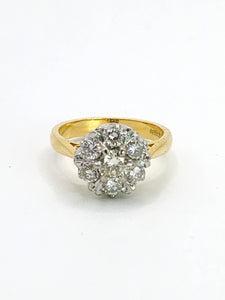 1697:Vintage: 18ct Gold VS Clarity Natural Diamonds (0.91ct) Flowerhead Ring- very special