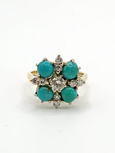 9080: Vintage Old : 18ct Gold Turquoise Diamonds Flowerhead Ring- sparkling symmetr