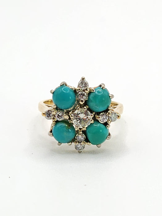 2913 Vintage: 18ct Yellow Gold Turquoise & Diamond Flowerhead Ring