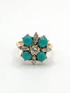 9080: Vintage Old : 18ct Gold Turquoise Diamonds Flowerhead Ring- sparkling symmetr