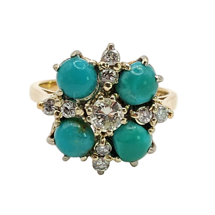 2913 Vintage: 18ct Yellow Gold Turquoise & Diamond Flowerhead Ring