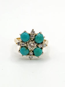 9080: Vintage Old : 18ct Gold Turquoise Diamonds Flowerhead Ring- sparkling symmetr