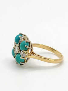 9080: Vintage Old : 18ct Gold Turquoise Diamonds Flowerhead Ring- sparkling symmetr