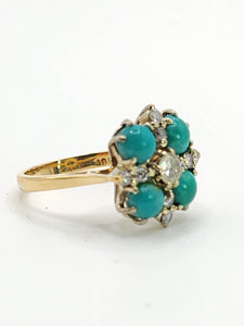 9080: Vintage Old : 18ct Gold Turquoise Diamonds Flowerhead Ring- sparkling symmetr
