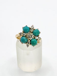 9080: Vintage Old : 18ct Gold Turquoise Diamonds Flowerhead Ring- sparkling symmetr