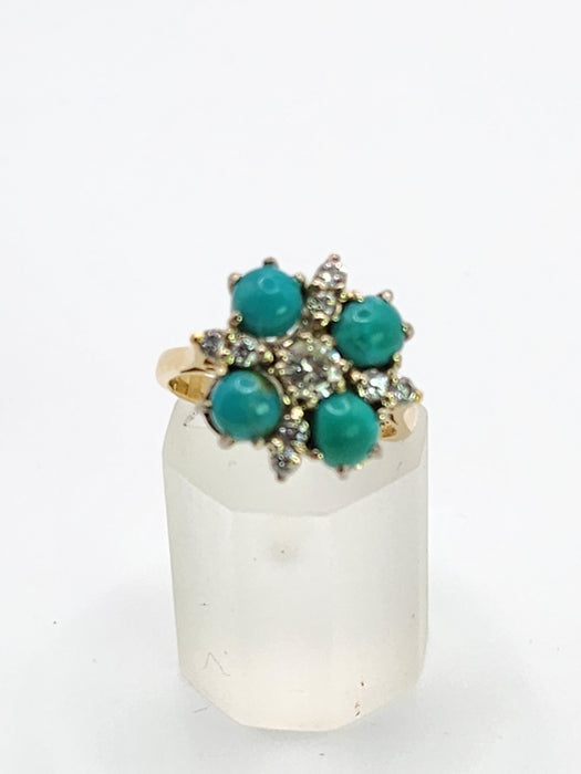 2913 Vintage: 18ct Yellow Gold Turquoise & Diamond Flowerhead Ring