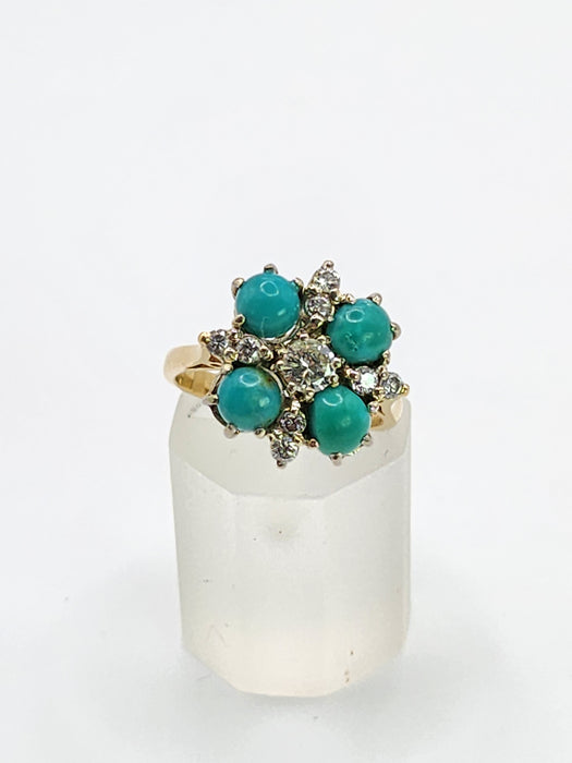 2913 Vintage: 18ct Yellow Gold Turquoise & Diamond Flowerhead Ring