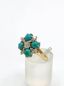 9080: Vintage Old : 18ct Gold Turquoise Diamonds Flowerhead Ring- sparkling symmetr