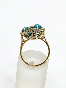 9080: Vintage Old : 18ct Gold Turquoise Diamonds Flowerhead Ring- sparkling symmetr