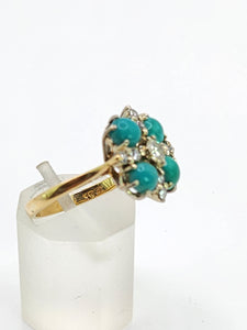 9080: Vintage Old : 18ct Gold Turquoise Diamonds Flowerhead Ring- sparkling symmetr