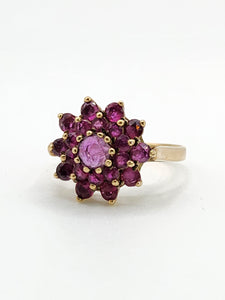 1836: Vintage; 9ct Gold 21 Rubies Flower Head Cocktail Ring- From 1979
