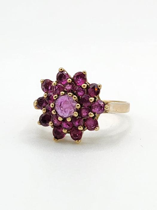 6438: Vintage; 9ct Gold 21 Rubies Flower Head Cocktail Ring- From 1979