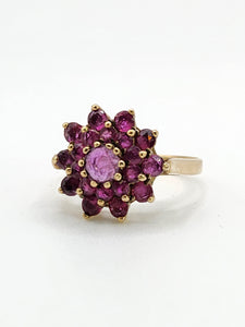 1836: Vintage; 9ct Gold 21 Rubies Flower Head Cocktail Ring- From 1979