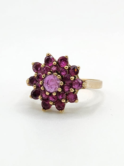 6438: Vintage; 9ct Gold 21 Rubies Flower Head Cocktail Ring- From 1979
