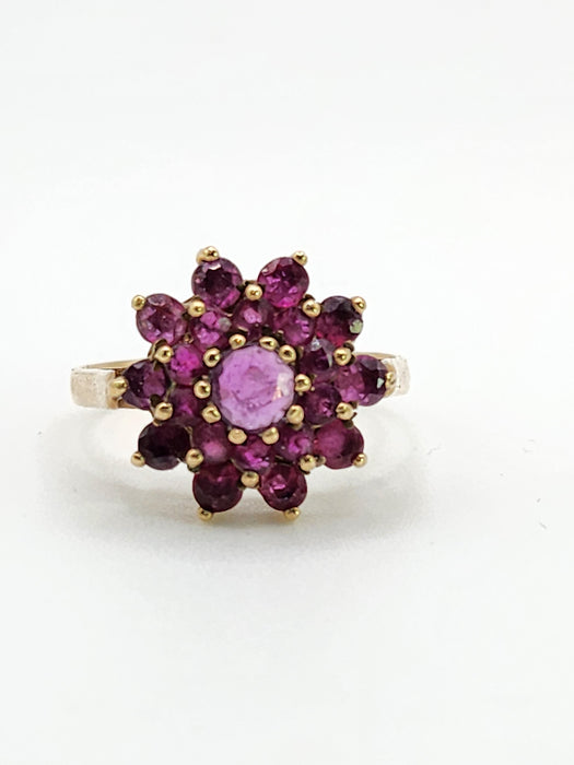 6438: Vintage; 9ct Gold 21 Rubies Flower Head Cocktail Ring- From 1979