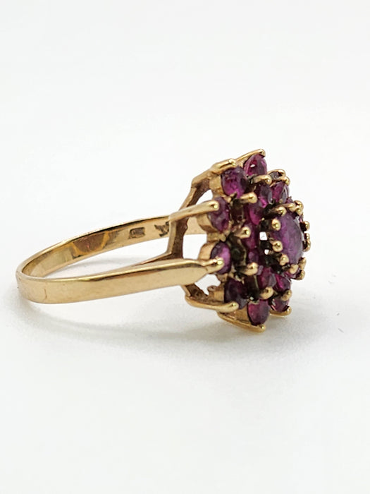 6438: Vintage; 9ct Gold 21 Rubies Flower Head Cocktail Ring- From 1979