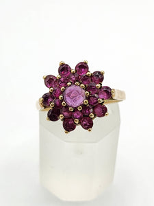 1836: Vintage; 9ct Gold 21 Rubies Flower Head Cocktail Ring- From 1979