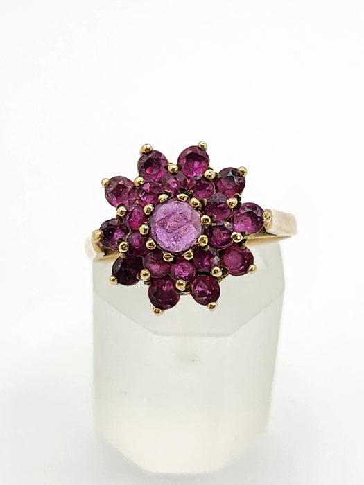 6438: Vintage; 9ct Gold 21 Rubies Flower Head Cocktail Ring- From 1979