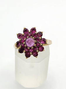 1836: Vintage; 9ct Gold 21 Rubies Flower Head Cocktail Ring- From 1979