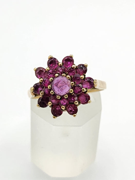 6438: Vintage; 9ct Gold 21 Rubies Flower Head Cocktail Ring- From 1979