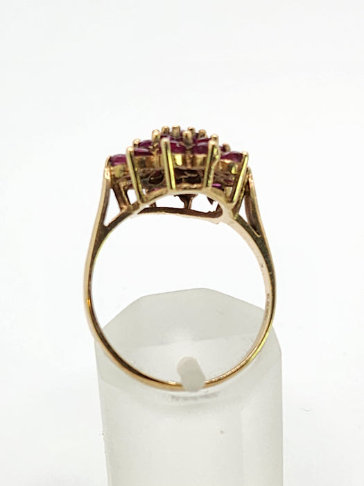 6438: Vintage; 9ct Gold 21 Rubies Flower Head Cocktail Ring- From 1979