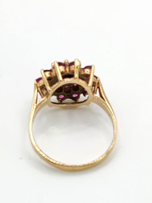 6438: Vintage; 9ct Gold 21 Rubies Flower Head Cocktail Ring- From 1979