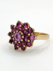 1836: Vintage; 9ct Gold 21 Rubies Flower Head Cocktail Ring- From 1979