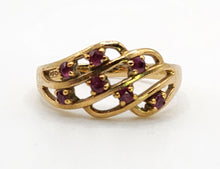 Load image into Gallery viewer, 1840: Vintage: 9ct Gold Lattice Work 7 Rubies Dress Ring- Lovely symmetry
