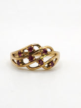 Load image into Gallery viewer, 1840: Vintage: 9ct Gold Lattice Work 7 Rubies Dress Ring- Lovely symmetry
