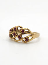 Load image into Gallery viewer, 1840: Vintage: 9ct Gold Lattice Work 7 Rubies Dress Ring- Lovely symmetry
