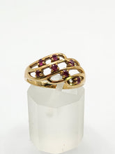 Load image into Gallery viewer, 1840: Vintage: 9ct Gold Lattice Work 7 Rubies Dress Ring- Lovely symmetry
