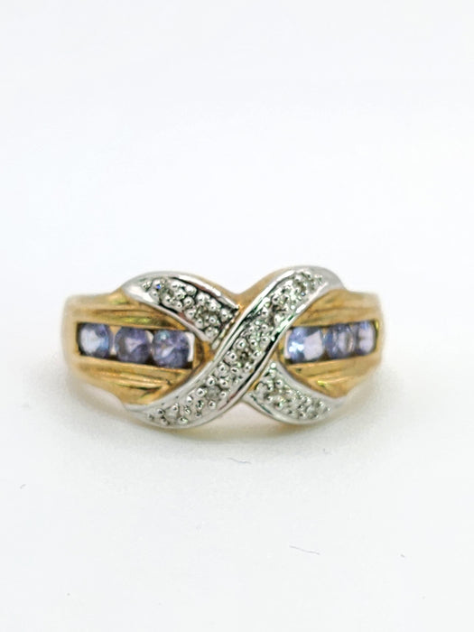 Vintage: 9ct Yellow Gold Tanzanite & Diamond Crossover Cocktail Ring