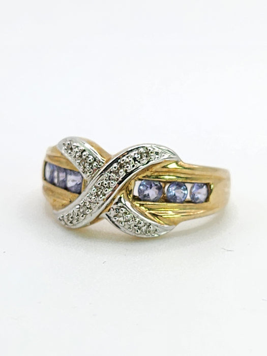 Vintage: 9ct Yellow Gold Tanzanite & Diamond Crossover Cocktail Ring