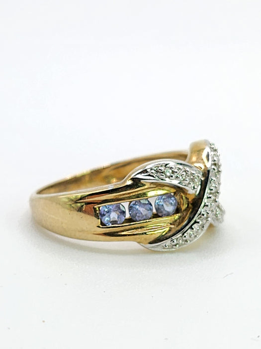 Vintage: 9ct Yellow Gold Tanzanite & Diamond Crossover Cocktail Ring