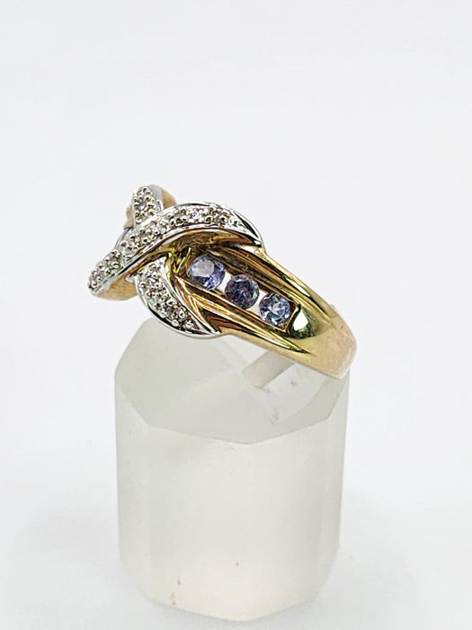 Vintage: 9ct Yellow Gold Tanzanite & Diamond Crossover Cocktail Ring