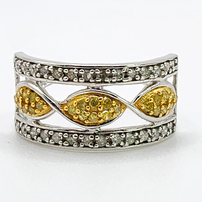 6610 Vintage; 9ct Gold Yellow and White Diamonds Openwork Ring- 52 natural sparkling diamonds