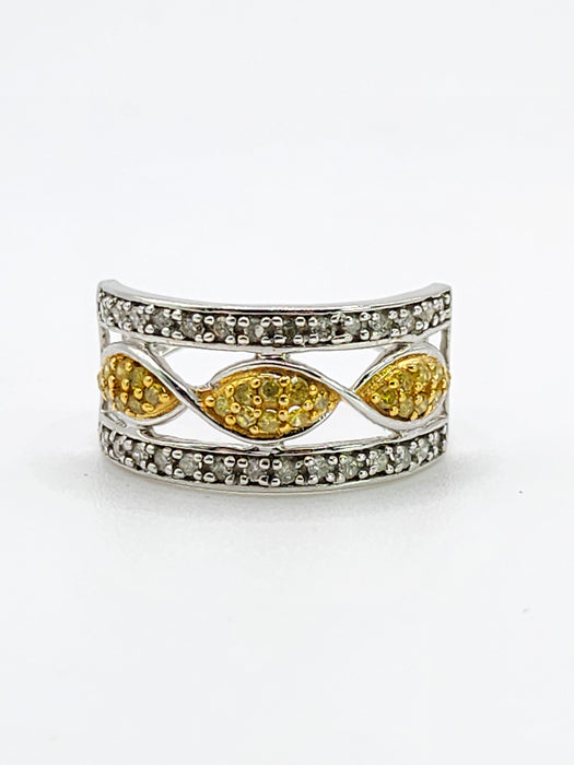1859: Vintage; 9ct Gold Yellow and White Diamonds Openwork Ring- 52 natural sparkling diamonds