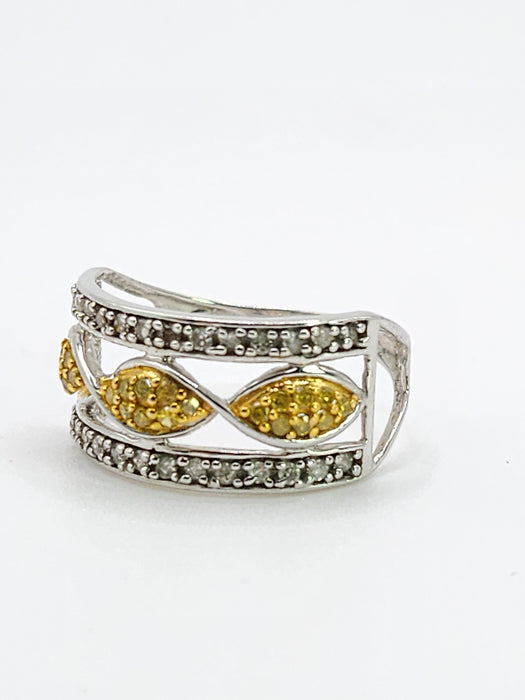 1859: Vintage; 9ct Gold Yellow and White Diamonds Openwork Ring- 52 natural sparkling diamonds