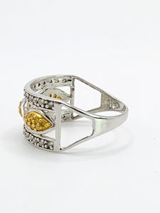 1859: Vintage; 9ct Gold Yellow and White Diamonds Openwork Ring- 52 natural sparkling diamonds