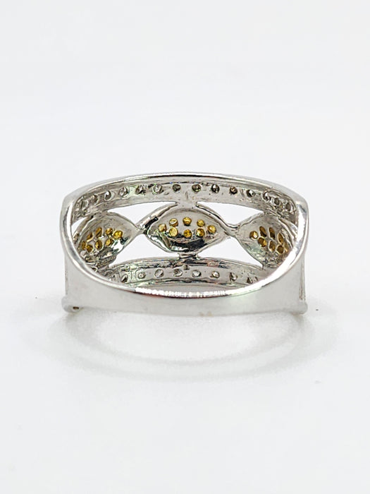 1859: Vintage; 9ct Gold Yellow and White Diamonds Openwork Ring- 52 natural sparkling diamonds